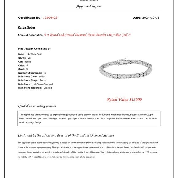 9 carat lab grown diamond tennis bracelet set in solid 14k white gold! VS-F ! - Picture 3 of 3